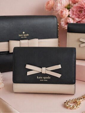 Kate Spade Sawyer Street Callie  Black & Beige Trifold Bow Wallet - Clutch